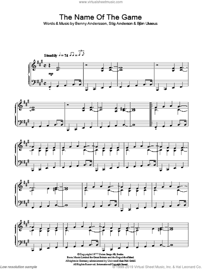 The Name Of The Game sheet music for piano solo by ABBA, Benny Andersson, Bjorn Ulvaeus, Miscellaneous and Stig Anderson, intermediate skill level