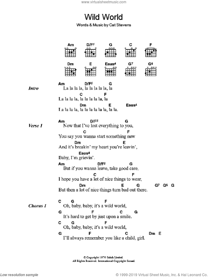 Wild World sheet music for guitar (chords) by Cat Stevens, intermediate skill level