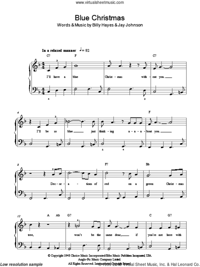 Blue Christmas sheet music for piano solo by Elvis Presley, Billy Hayes and Jay Johnson, easy skill level