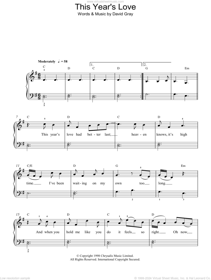 This Year's Love sheet music for piano solo by David Gray, easy skill level