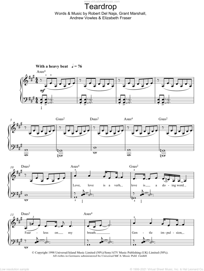 Teardrop sheet music for piano solo by Massive Attack, Andrew Vowles, Elizabeth Fraser, Grant Marshall and Robert Del Naja, easy skill level