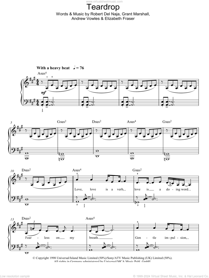 Teardrop sheet music for piano solo by Massive Attack, Andrew Vowles, Elizabeth Fraser, Grant Marshall and Robert Del Naja, easy skill level