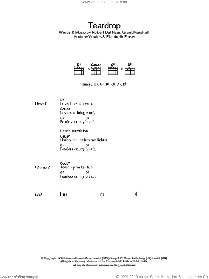 Teardrop sheet music for guitar (chords) by Newton Faulkner, Andrew Vowles, Elizabeth Fraser, Grant Marshall and Robert Del Naja, intermediate skill level