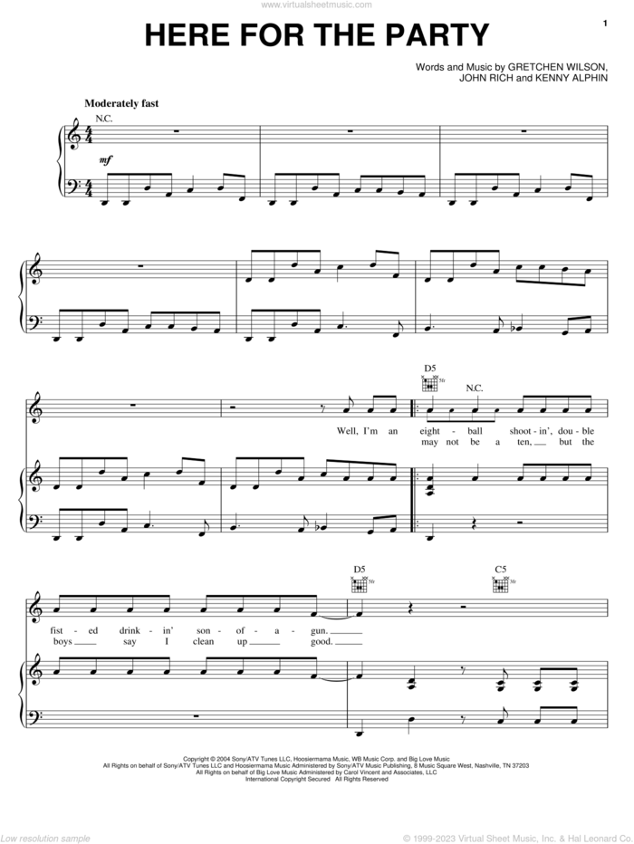 Here For The Party sheet music for voice, piano or guitar by Gretchen Wilson, John Rich and Kenny Alphin, intermediate skill level