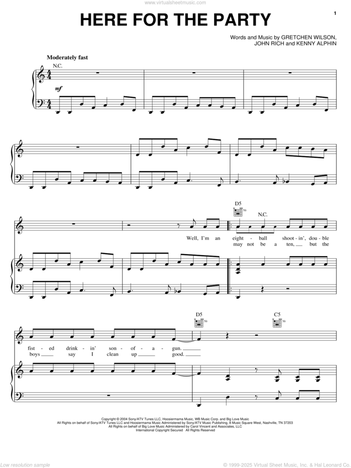 Here For The Party sheet music for voice, piano or guitar by Gretchen Wilson, John Rich and Kenny Alphin, intermediate skill level