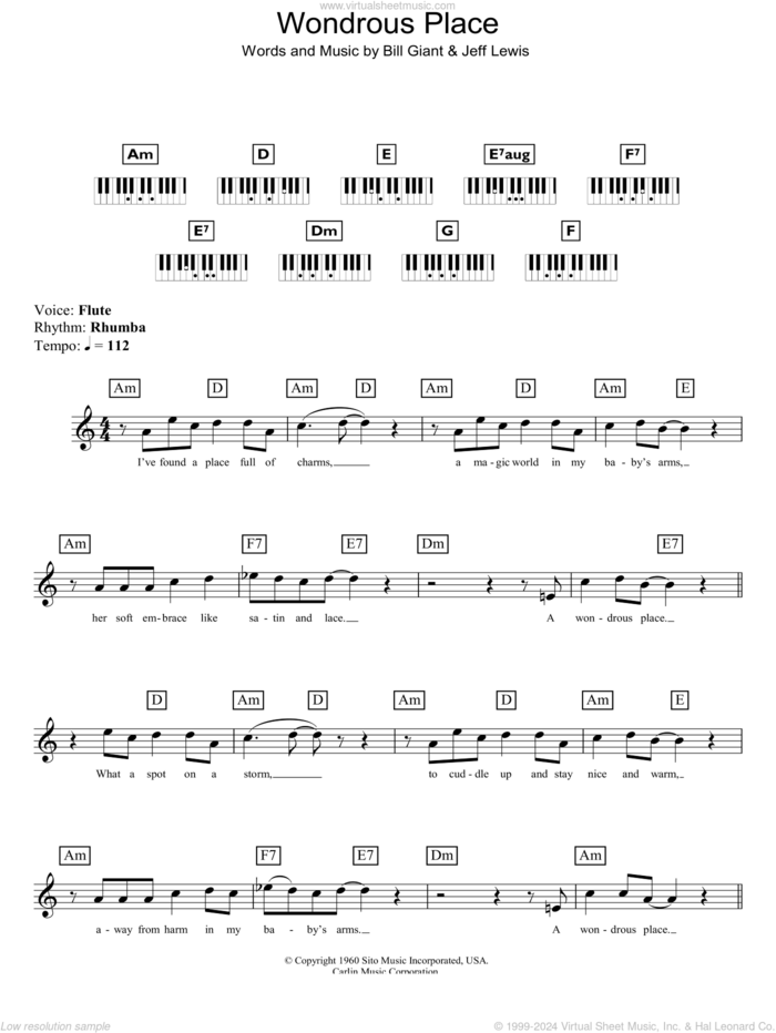 Wondrous Place sheet music for piano solo (chords, lyrics, melody) by Billy Fury, Bill Giant and Jeff Lewis, intermediate piano (chords, lyrics, melody)