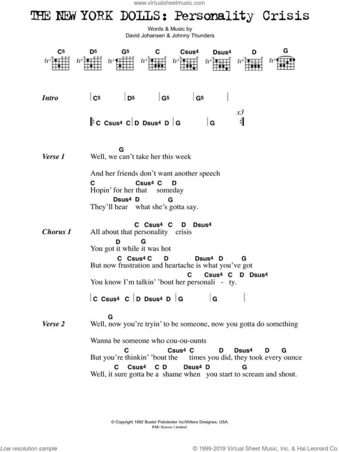 Personality Crisis sheet music for guitar (chords) by The New York Dolls, David Johansen and Johnny Thunders, intermediate skill level