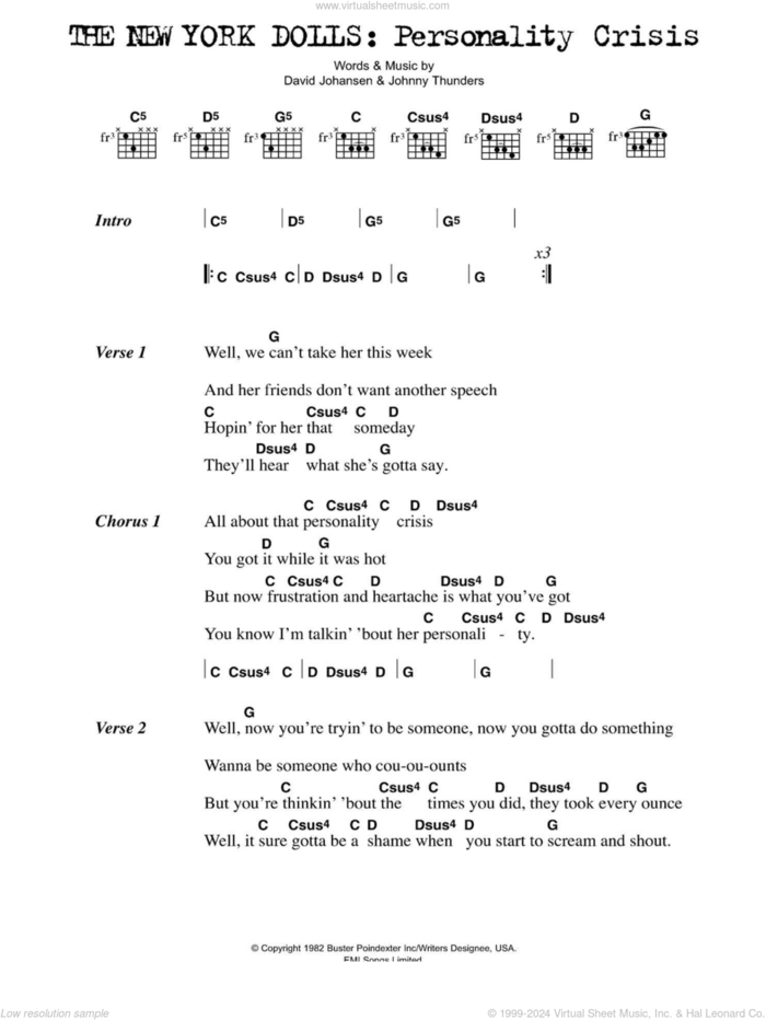 Personality Crisis sheet music for guitar (chords) by The New York Dolls, David Johansen and Johnny Thunders, intermediate skill level