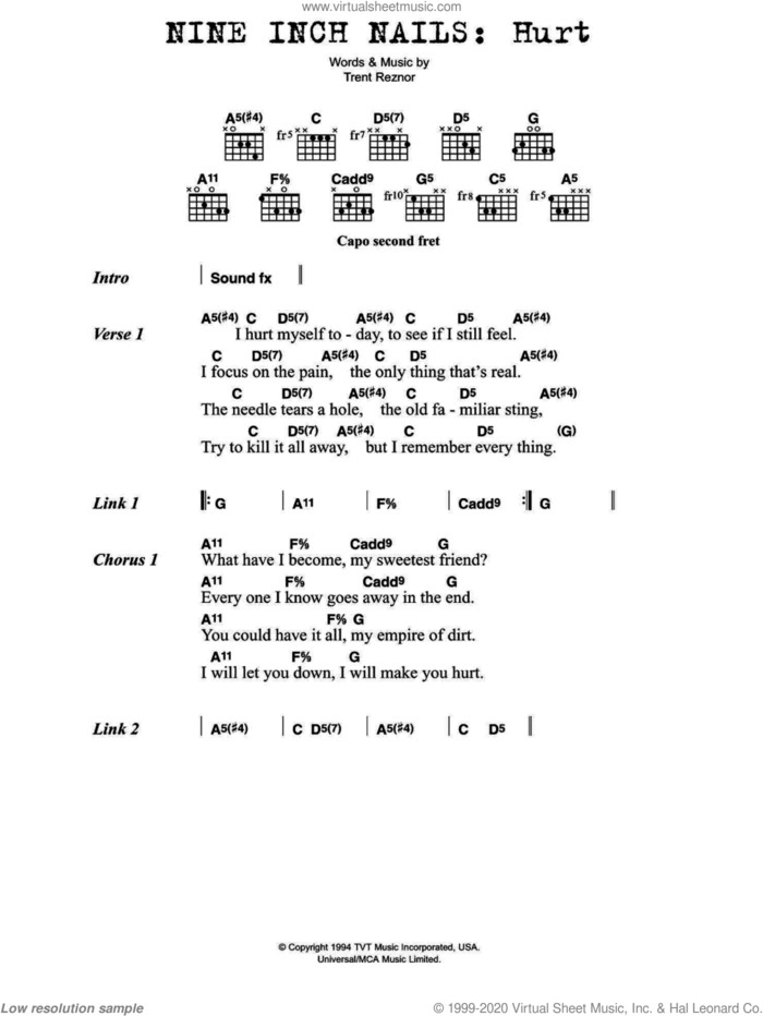 Hurt sheet music for guitar (chords) (PDF)