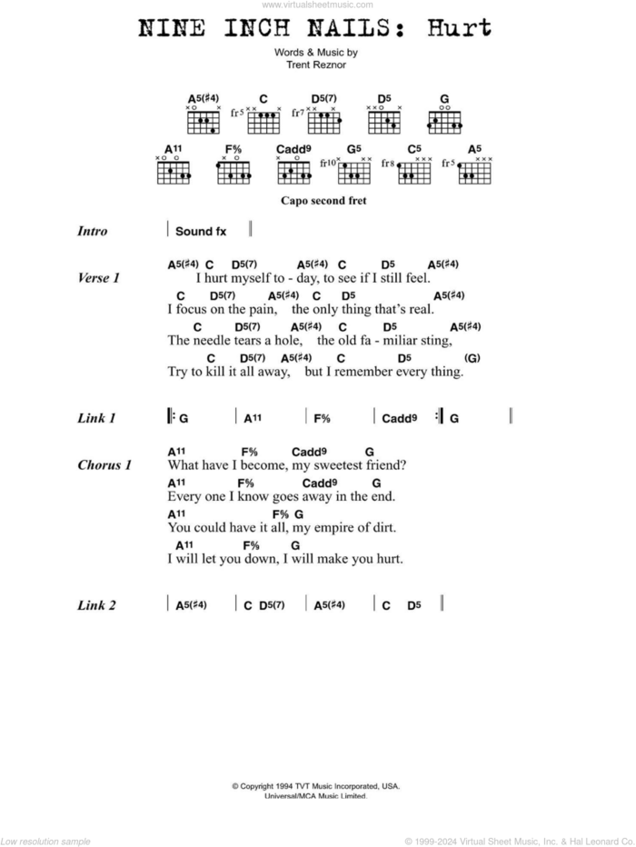 Hurt sheet music for guitar (chords) by Nine Inch Nails, Johnny Cash and Trent Reznor, intermediate skill level