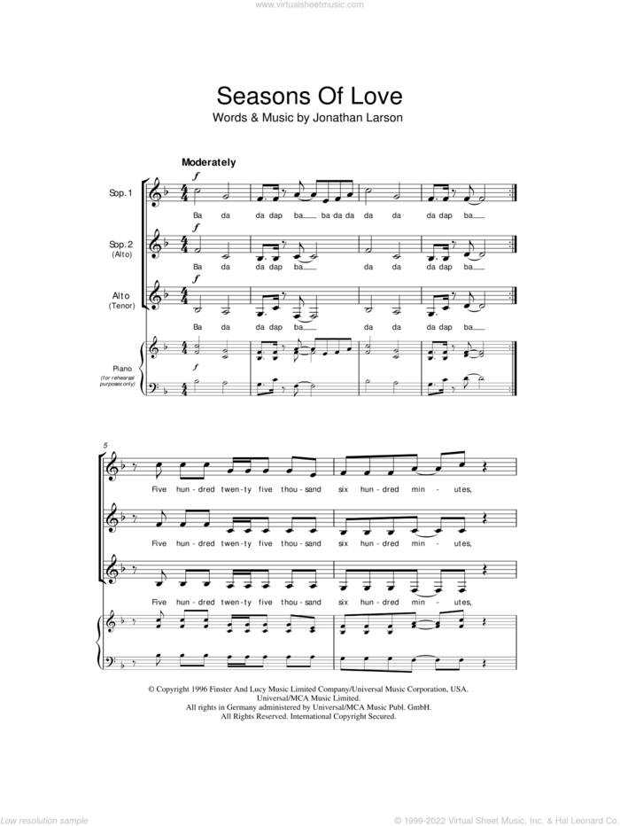 Seasons Of Love (from Rent) sheet music for choir (SSA: soprano, alto) by Jonathan Larson and Rent (Musical), intermediate skill level