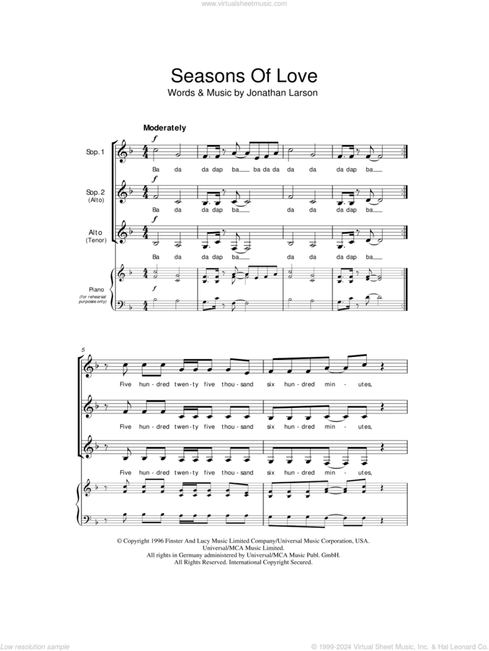 Seasons Of Love (from Rent) sheet music for choir (SSA: soprano, alto) by Jonathan Larson and Rent (Musical), intermediate skill level