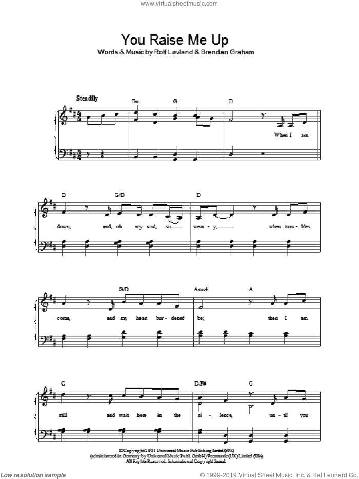 You Raise Me Up sheet music for piano solo by Josh Groban, Westlife, Brendan Graham and Rolf Lovland, wedding score, easy skill level