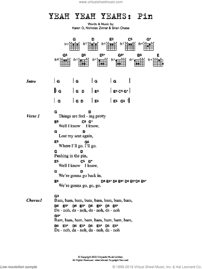 Pin sheet music for guitar (chords) by Yeah Yeah Yeahs, Brian Chase, Karen O and Nick Zinner, intermediate skill level