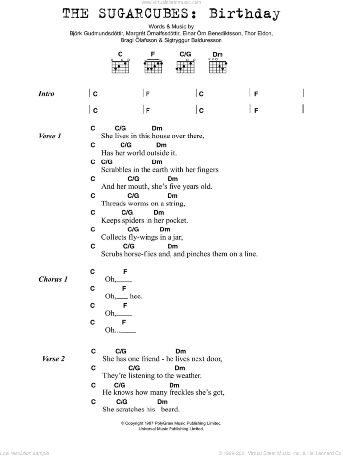 Birthday sheet music for guitar (chords) by The Sugarcubes, Bjork Gudmundsdottir, Bragi Olafsson, Einar Orn Benediktsson, Margret Ornalfssdottir, Sigtryggur Balduresson and Thor Eldon, intermediate skill level