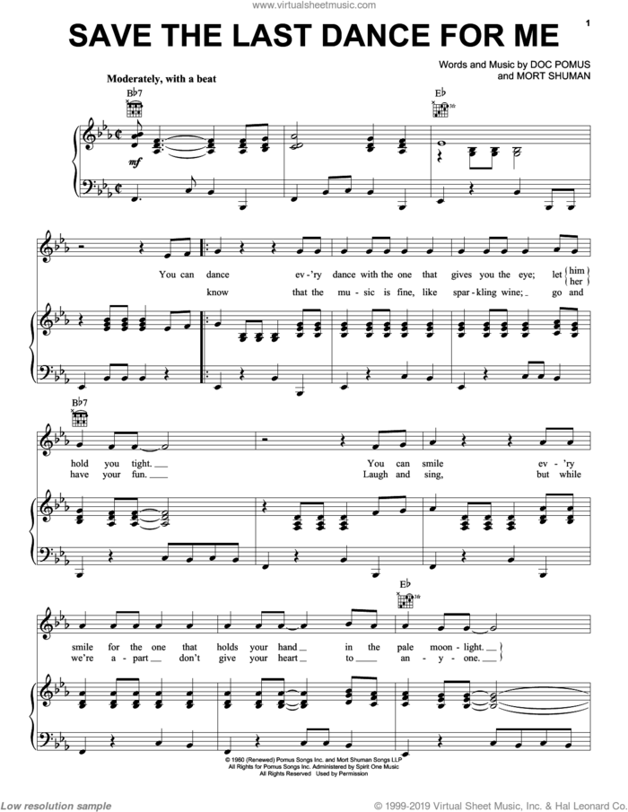 Save The Last Dance For Me sheet music for voice, piano or guitar by The Drifters, Doc Pomus, Jerome Pomus and Mort Shuman, intermediate skill level