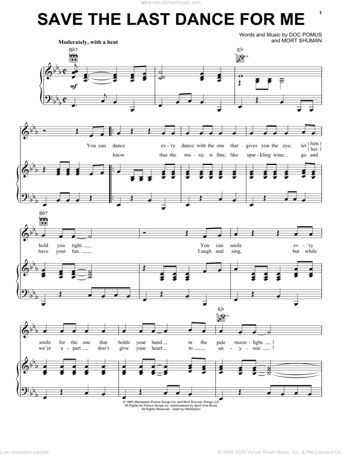 Save The Last Dance For Me sheet music for voice, piano or guitar by The Drifters, Doc Pomus, Jerome Pomus and Mort Shuman, intermediate skill level