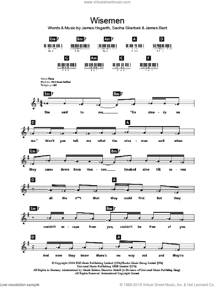 Wisemen sheet music for piano solo (chords, lyrics, melody) by James Blunt, James Hogarth and Sacha Skarbek, intermediate piano (chords, lyrics, melody)