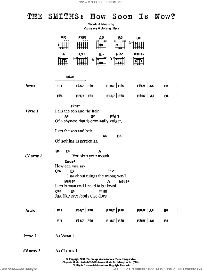 How Soon Is Now? sheet music for guitar (chords) by The Smiths, Johnny Marr and Steven Morrissey, intermediate skill level