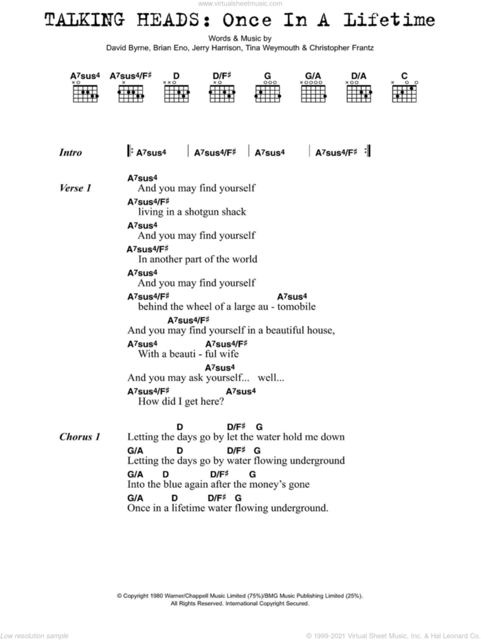 Once In A Lifetime sheet music for guitar (chords) by Talking Heads, Brian Eno, Christopher Frantz, David Byrne, Jerry Harrison and Tina Weymouth, intermediate skill level