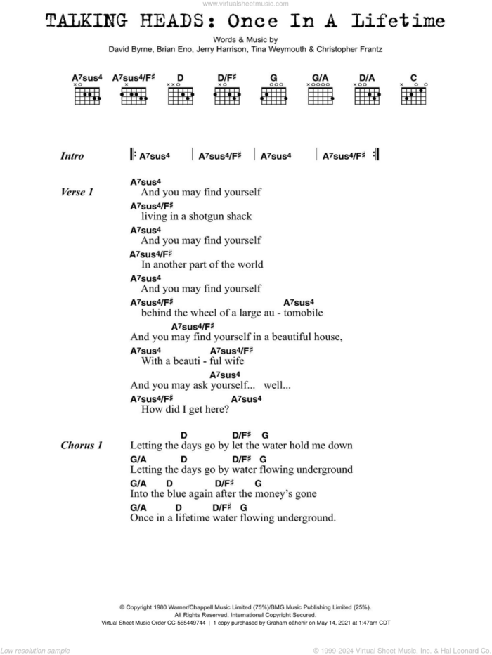 Once In A Lifetime sheet music for guitar (chords) by Talking Heads, Brian Eno, Christopher Frantz, David Byrne, Jerry Harrison and Tina Weymouth, intermediate skill level