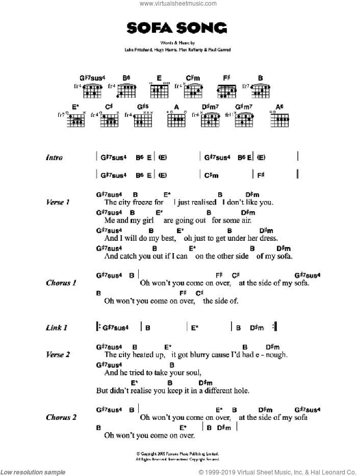 Sofa Song sheet music for guitar (chords) by The Kooks, Hugh Harris, Luke Pritchard, Max Rafferty and Paul Garred, intermediate skill level