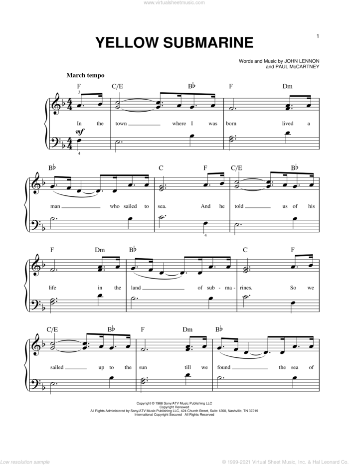 Yellow Submarine, (easy) sheet music for piano solo by The Beatles, John Lennon and Paul McCartney, easy skill level