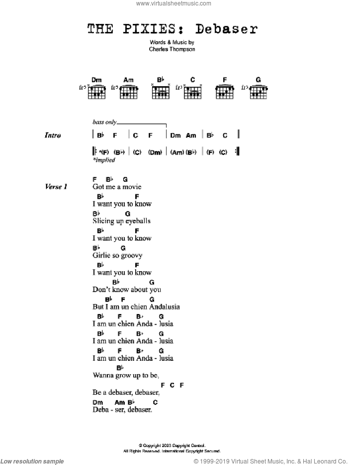 Debaser sheet music for guitar (chords) by Pixies and Charles Thompson, intermediate skill level