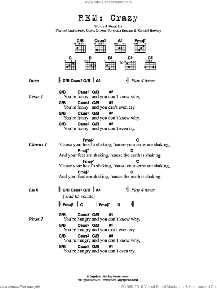 Crazy sheet music for guitar (chords) by R.E.M., Curtis Crowe, Michael Lachowski, Randall Bewley and Vanessa Briscoe, intermediate skill level
