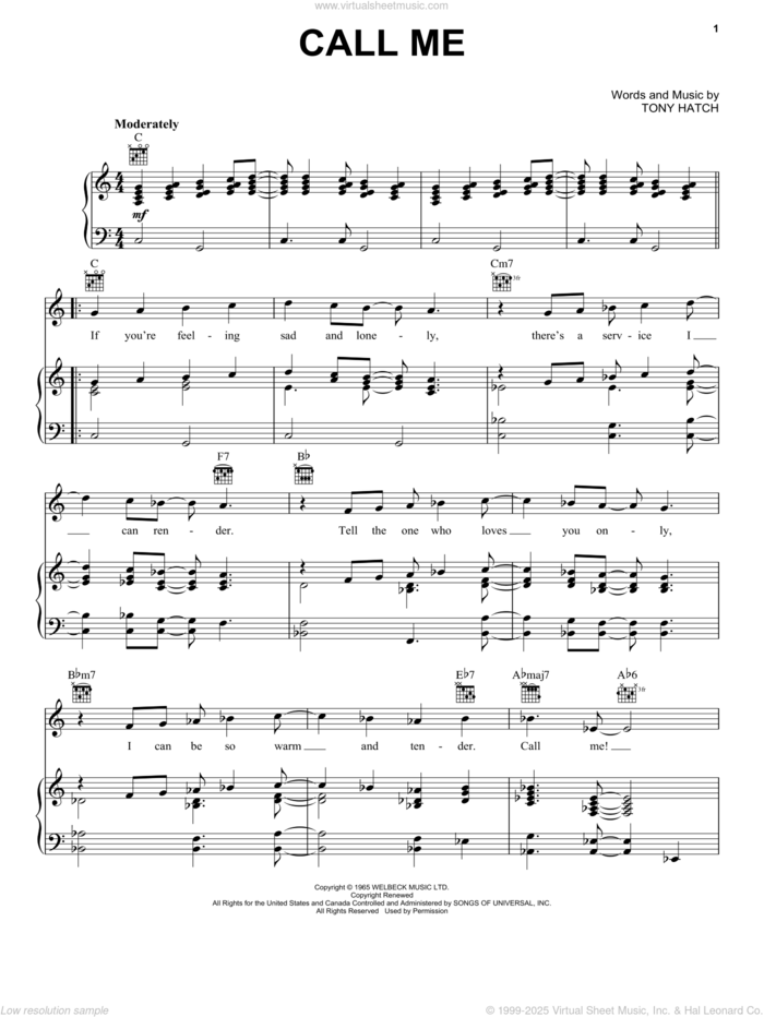 Call Me sheet music for voice, piano or guitar by Petula Clark, Astrud Gilberto, Chris Montez, Nancy Wilson and Tony Hatch, intermediate skill level