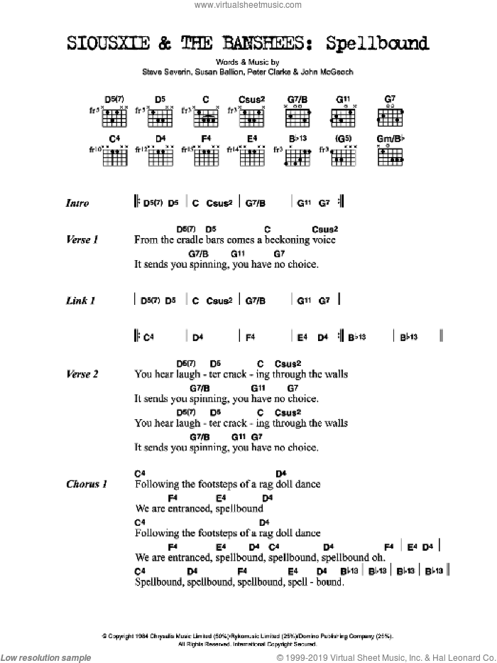 Spellbound sheet music for guitar (chords) by Siouxsie & The Banshees, John McGeoch, Peter Clarke, Steve Severin and Susan Ballion, intermediate skill level