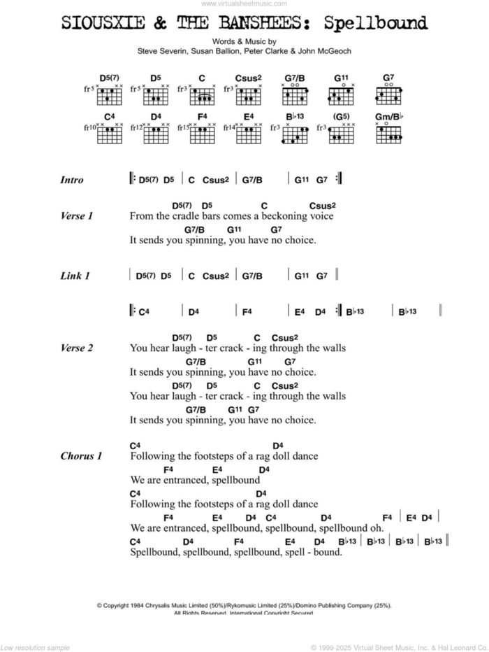 Spellbound sheet music for guitar (chords) by Siouxsie & The Banshees, John McGeoch, Peter Clarke, Steve Severin and Susan Ballion, intermediate skill level