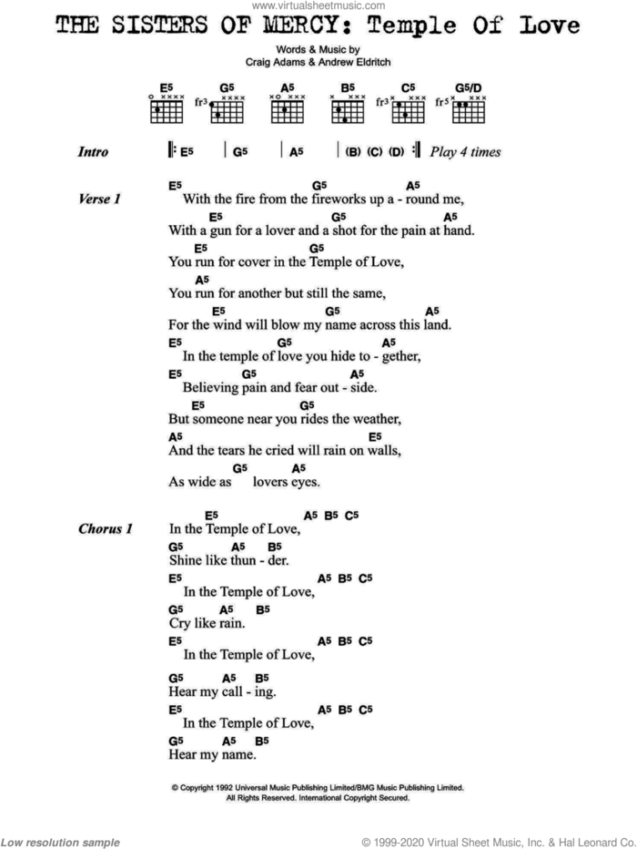 Temple Of Love sheet music for guitar (chords) by Sisters Of Mercy, Andrew Eldritch and Craig Adams, intermediate skill level