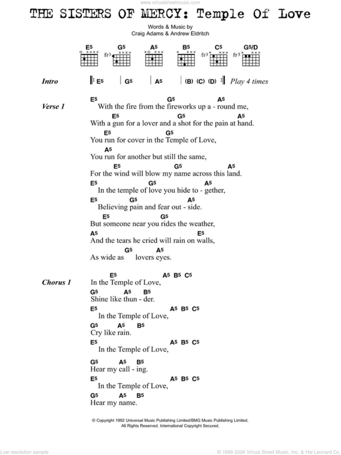 Temple Of Love sheet music for guitar (chords) by Sisters Of Mercy, Andrew Eldritch and Craig Adams, intermediate skill level