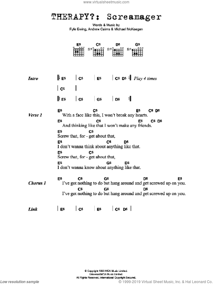 Screamager sheet music for guitar (chords) by Therapy?, Andrew Cairns, Fyfe Ewing and Michael McKeegan, intermediate skill level