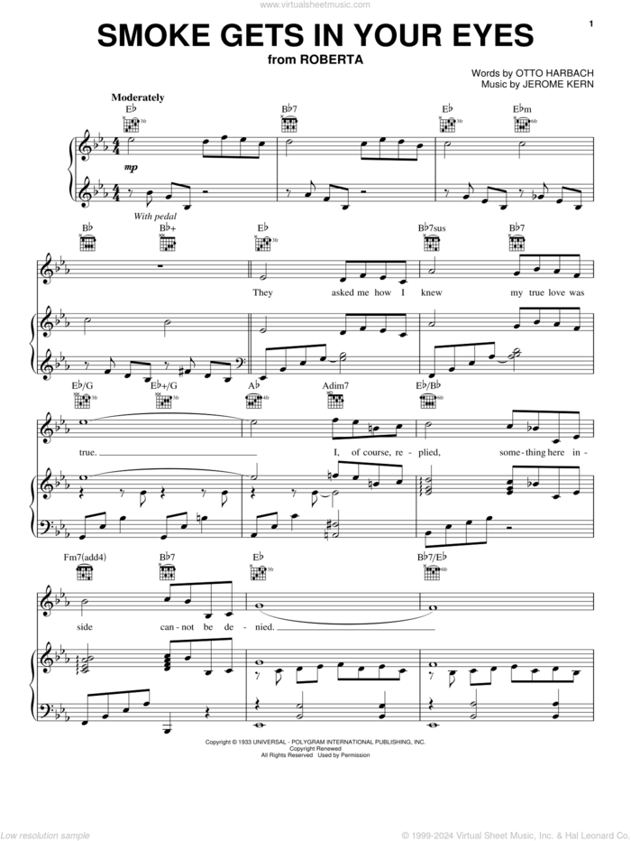 Smoke Gets In Your Eyes sheet music for voice, piano or guitar by Jerome Kern, Nat King Cole, The Platters and Otto Harbach, intermediate skill level