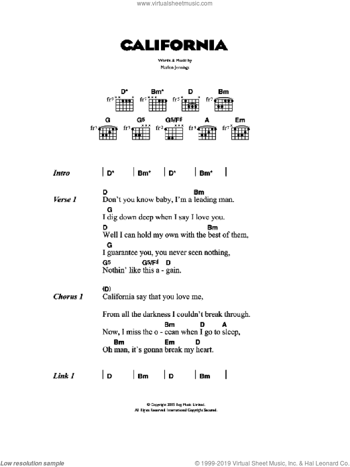 California sheet music for guitar (chords) by The Kooks and Marlon Jennings, intermediate skill level