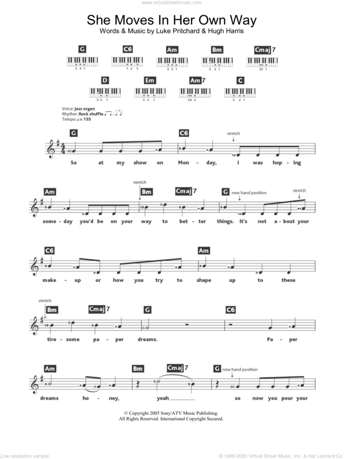 She Moves In Her Own Way sheet music for piano solo (chords, lyrics, melody) by The Kooks, Hugh Harris and Luke Pritchard, intermediate piano (chords, lyrics, melody)