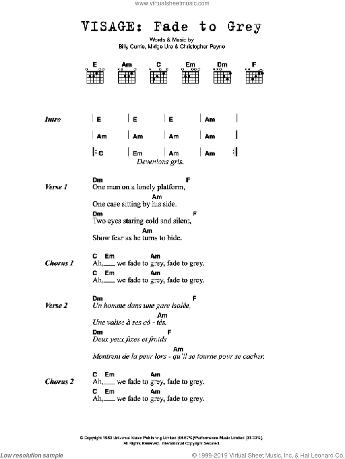 Fade To Grey sheet music for guitar (chords) by Visage, Billy Currie, Christopher Payne and Midge Ure, intermediate skill level
