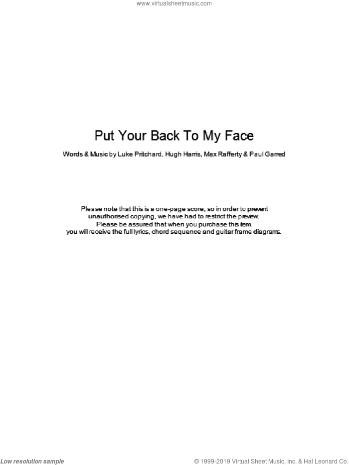 Put Your Back To My Face sheet music for guitar (chords) by The Kooks, Hugh Harris, Luke Pritchard, Max Rafferty and Paul Garred, intermediate skill level