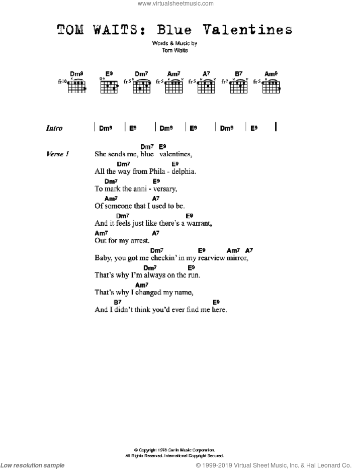 Blue Valentines sheet music for guitar (chords) by Tom Waits, intermediate skill level