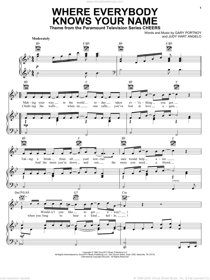 Where Everybody Knows Your Name sheet music for voice, piano or guitar by Gary Portnoy and Judy Hart Angelo, intermediate skill level