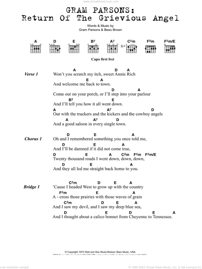 Return Of The Grievous Angel sheet music for guitar (chords) by Gram Parsons and Beau Brown, intermediate skill level