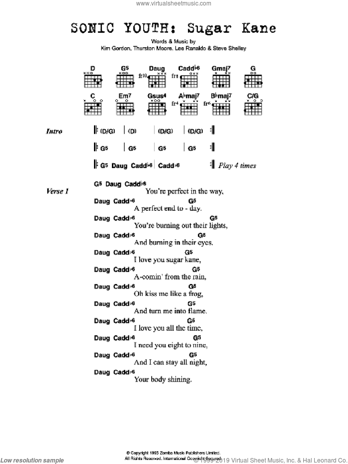 Sugar Kane sheet music for guitar (chords) by Sonic Youth, Kim Gordon, Lee Ranaldo, Steve Shelley and Thurston Moore, intermediate skill level