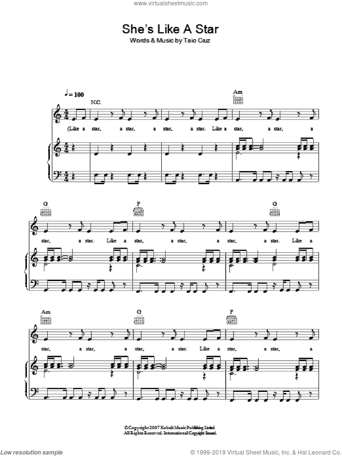 She's Like A Star sheet music for voice, piano or guitar by Taio Cruz, intermediate skill level
