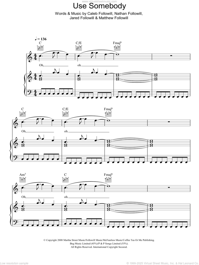 Use Somebody sheet music for voice, piano or guitar by Kings Of Leon, Caleb Followill, Jared Followill, Matthew Followill and Nathan Followill, intermediate skill level