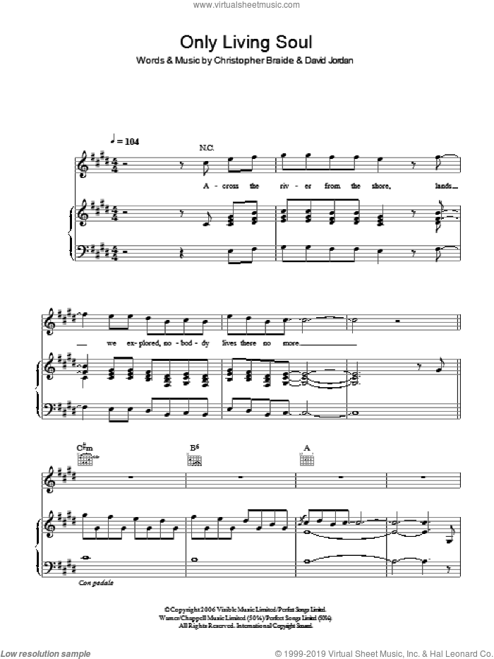 Only Living Soul sheet music for voice, piano or guitar by David Jordan and Chris Braide, intermediate skill level