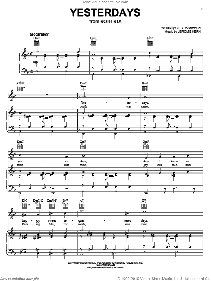 Yesterdays sheet music for voice, piano or guitar by Billie Holiday, Art Tatum, Miles Davis, Jerome Kern and Otto Harbach, intermediate skill level