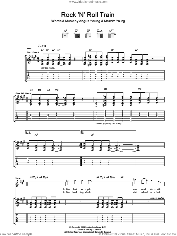 Rock 'N' Roll Train sheet music for guitar (tablature) by AC/DC, Angus Young and Malcolm Young, intermediate skill level