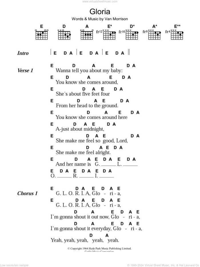 Gloria sheet music for guitar (chords) by Van Morrison, intermediate skill level